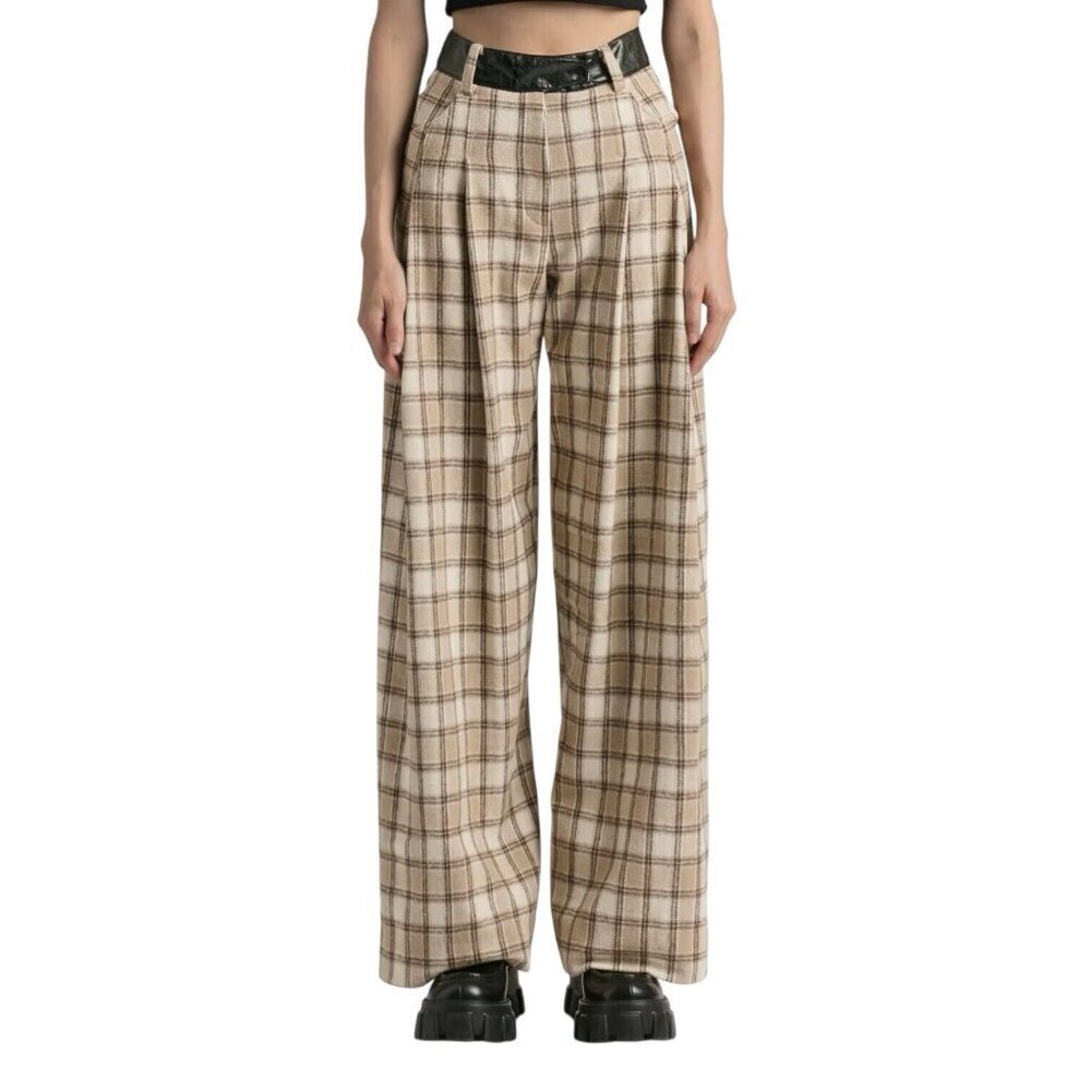 $275 Kijun Pants Women's Size Small Wide Leg Flannel Trouser Plaid Check Beige